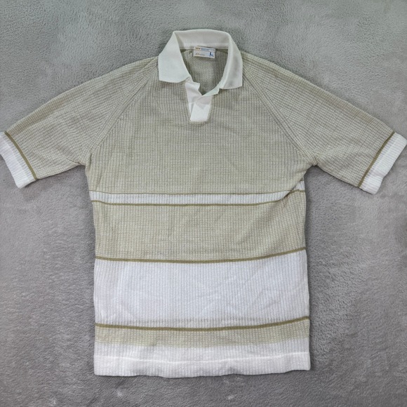 VINTAGE JCPenney 70s Polo Shirt Striped Seersucker Knit S/S Beige White‎ Mens L